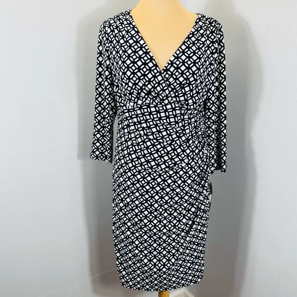Ralph Lauren Sz 14 Navy Blue White Geometric 3/4 Sleeve V-Neck Bodycon Dress NWT